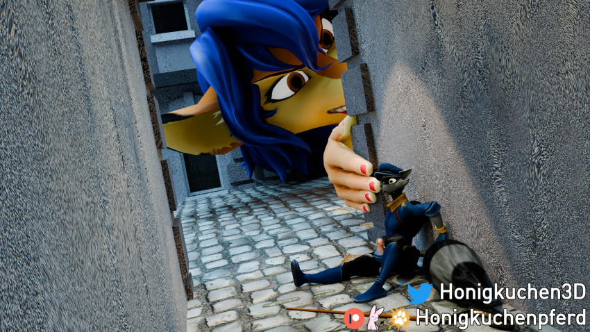 3d_(artwork) anthro balls bodily_fluids building carmelita_fox caught city clothed clothing cobblestone cum digital_media_(artwork) female genital_fluids genitals hat headgear headwear hi_res honigkuchenpferd house macro male painting_(object) penis sly_cooper sly_cooper_(series) sony_corporation sony_interactive_entertainment staff sucker_punch_productions tail window