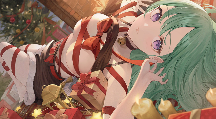 1girl bell breasts candle choker christmas christmas_ornaments christmas_tree fire fireplace gift green_hair highres lantern large_breasts long_hair looking_at_viewer lying nakashima_(pluscolor) neck_bell on_back purple_eyes skirt star_(symbol) topless virtual_youtuber vspo! wrapping yakumo_beni