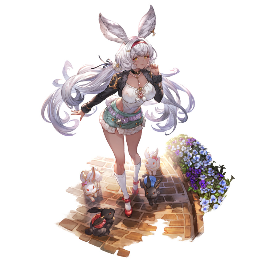 1girl animal_ears belt black_collar black_jacket black_ribbon blush breasts cleavage closed_mouth collar collarbone cropped_jacket dark-skinned_female dark_skin earrings erune flower full_body fur-trimmed_jacket fur-trimmed_skirt fur_trim granblue_fantasy green_skirt hair_ornament hair_ribbon hairband hairclip highleg highleg_leotard jacket jewelry large_breasts leotard lips long_hair long_sleeves looking_at_viewer low_twintails makura_(granblue_fantasy) minaba_hideo miniskirt necklace official_art pearl_necklace pom_pom_(clothes) purple_belt rabbit rabbit_ears rabbit_girl rabbit_tail red_footwear red_hairband ribbon single_earring skirt smile socks solo standing tail transparent_background twintails very_long_hair white_hair white_leotard white_socks yellow_eyes