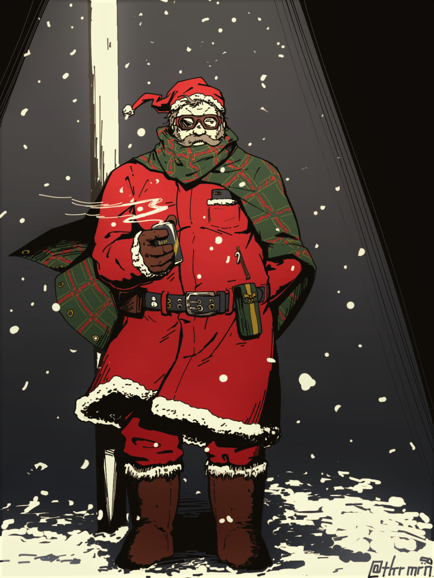 1boy bara belly belt boots can christmas full_body glasses grey_hair hat highres holding holding_can kora_mirin_(tkrmrn) lamppost large_pectorals male_focus mature_male muscular muscular_male old old_man original pectorals plump red-framed_eyewear red_headwear santa_claus santa_costume santa_hat short_hair sideways_glance snowing solo spotlight thick_eyebrows thick_mustache wind wrinkled_skin