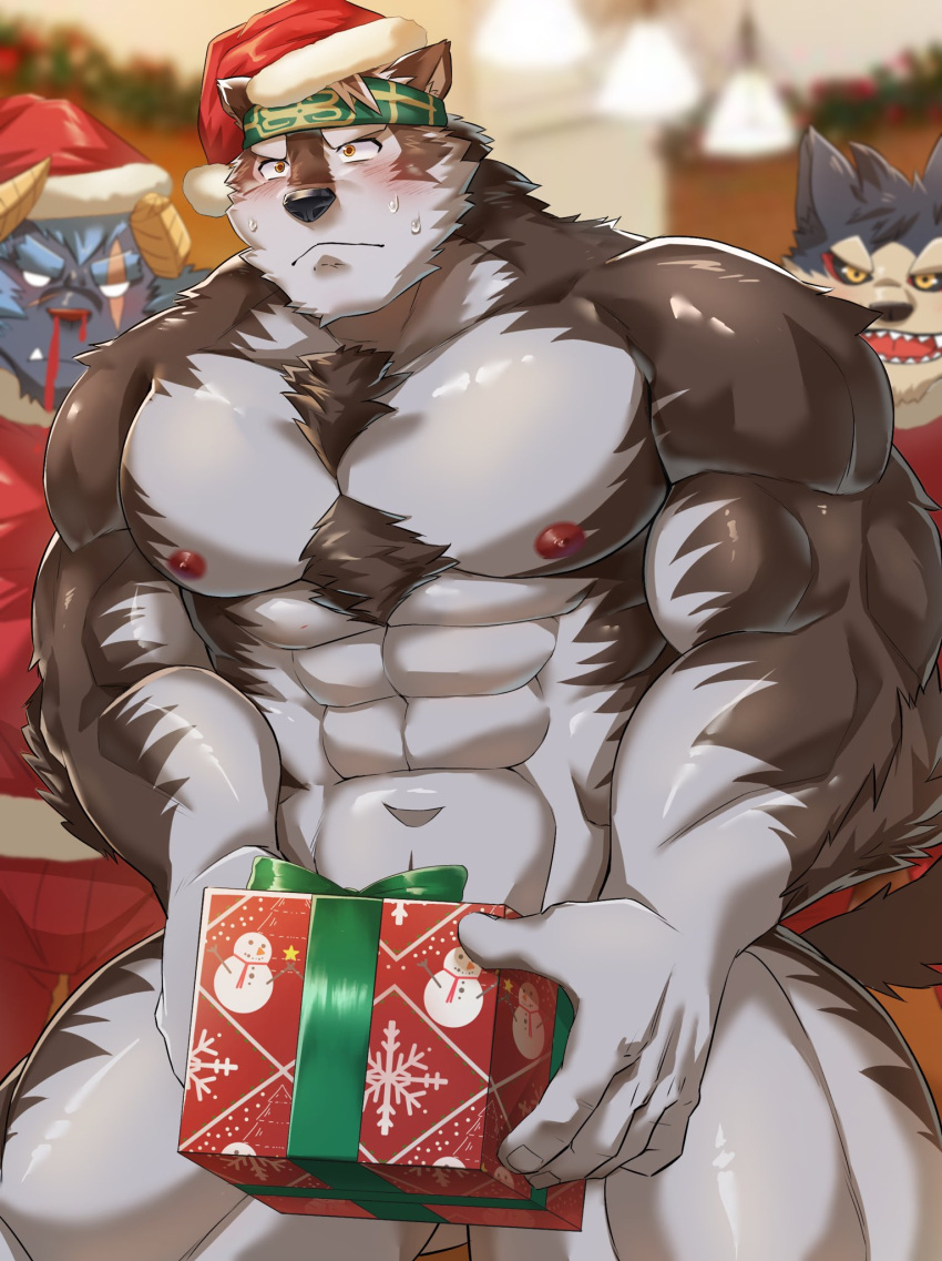 3boys abs aroused_nosebleed artist_request ass_visible_through_thighs bara character_request chest_hair chest_tuft christmas covering_crotch covering_privates demon_boy dog_boy feet_out_of_frame from_below furry furry_male gift grey_fur grey_hair hat headband highres holding holding_gift horkeu_kamui indoors krampus_(housamo) large_pectorals male_focus mature_male multiple_boys muscular muscular_male nervous_sweating nipples pectorals red_headwear santa_costume santa_hat short_hair shy solo_focus strongman_waist sweat thick_eyebrows thick_thighs thighs tokyo_afterschool_summoners two-tone_fur v-shaped_eyebrows v-shaped_eyes white_fur wolf_boy yaoi yellow_eyes