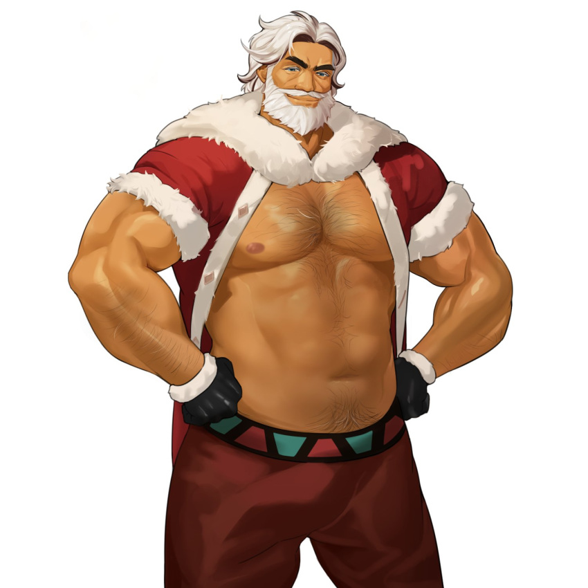 1boy abs arm_hair bara bare_pectorals beard blue_eyes chest_hair christmas cookie_run dark-skinned_male dark_skin eggnog_cookie facial_hair full_beard fur_trim hairy highres humanization large_pectorals looking_at_viewer male_focus mature_male mismatched_eyebrows muscular muscular_male mustache navel_hair nipples open_clothes pectorals red_headwear santa_costume seductive_smile short_hair smile solo strongman_waist thick_beard thick_eyebrows white_hair yumilbo