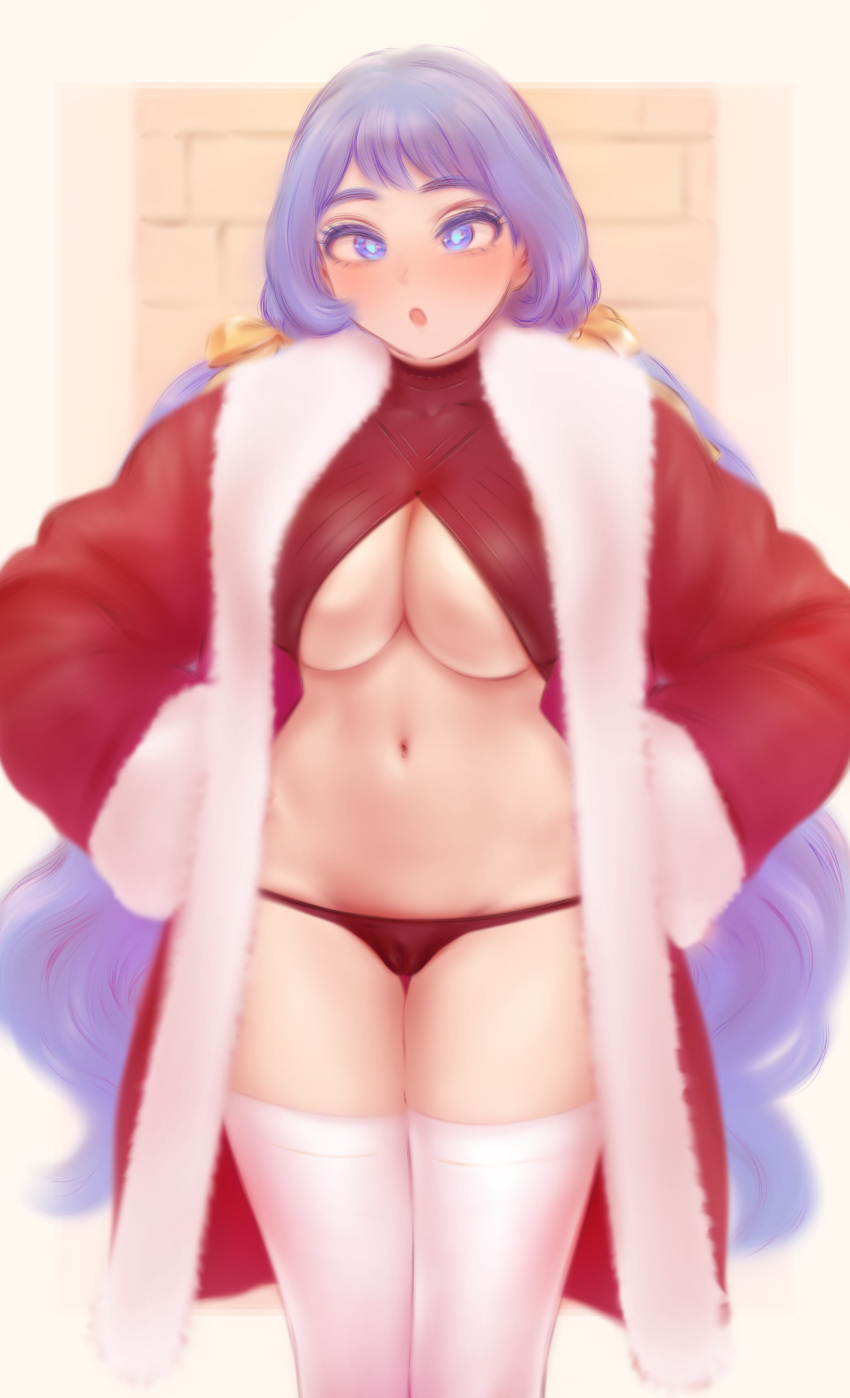 1girl :o bikini blue_eyes blue_hair boku_no_hero_academia breasts cameltoe fur-trimmed_robe fur_trim hadou_nejire highres large_breasts long_hair navel open_mouth red_bikini red_robe robe shpo solo standing swimsuit thighhighs twintails underboob white_thighhighs