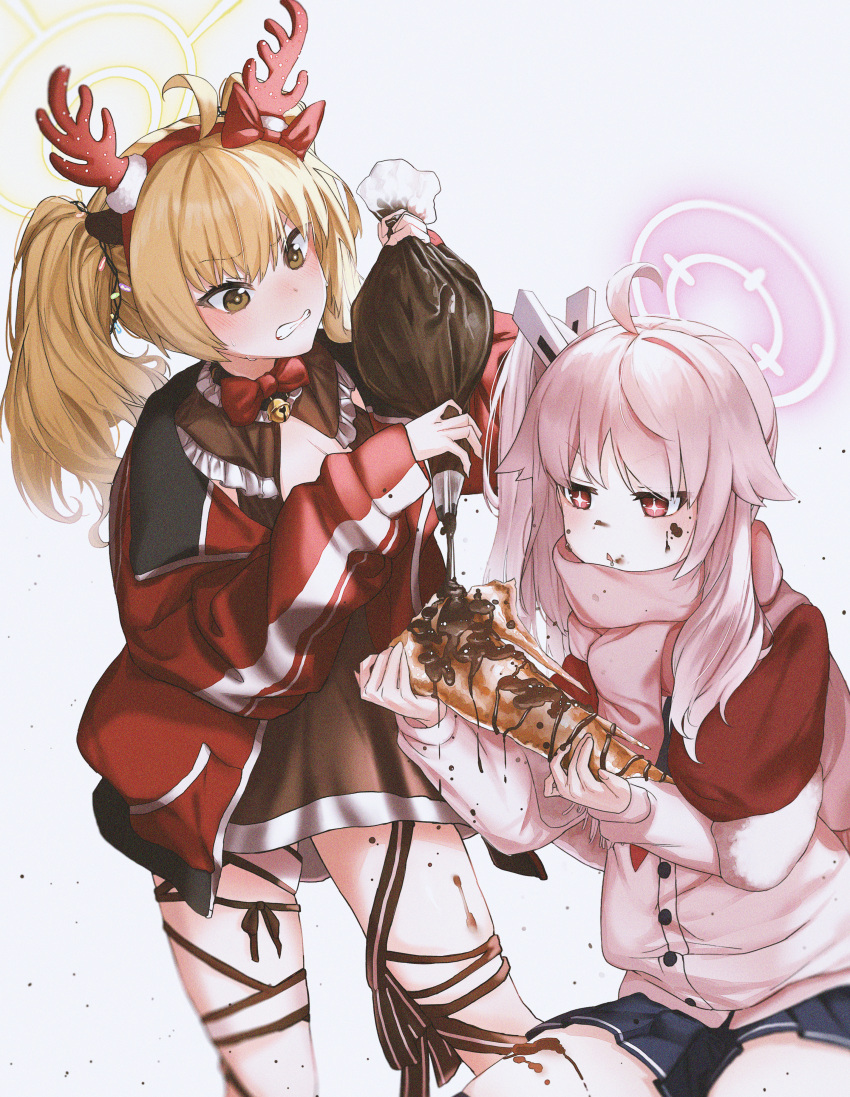 2girls absurdres ahoge antlers bell black_skirt blonde_hair blue_archive buttons cardigan chocolate chocolate_on_body chocolate_on_face clenched_teeth food food_on_body food_on_face gen_(hirokaz02) halo highres holding holding_food jacket jingle_bell long_hair long_sleeves multiple_girls natsu_(blue_archive) neck_bell parted_lips pink_hair pink_halo pink_scarf pleated_skirt red_eyes red_jacket reindeer_antlers scarf side_ponytail simple_background skirt teeth triangle_mouth twintails white_background white_cardigan yellow_eyes yellow_halo yoshimi_(blue_archive)