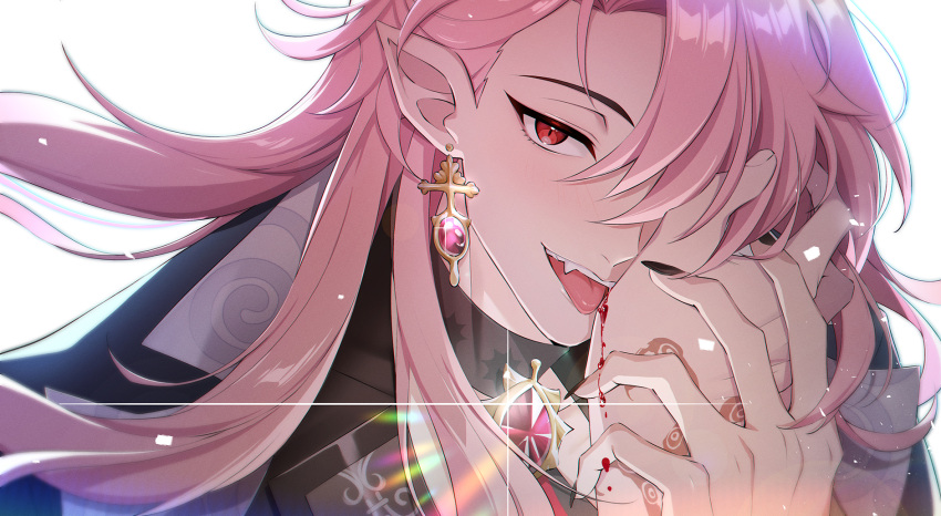 :p androgynous aster_(nu_carnival) bishounen black_nails blood blood_on_hands dt.calico gem girly_boy highres looking_at_viewer male_focus nu_carnival official_alternate_hair_length official_alternate_hairstyle open_mouth pink_gemstone pink_hair pointy_ears red_eyes smile tongue tongue_out vampire
