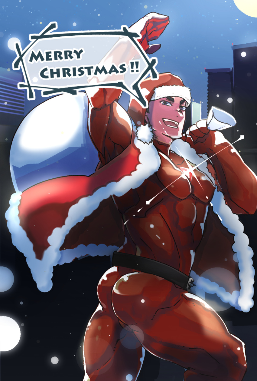 1boy ass bara chest_jewel christmas cityscape english_text gift_bag glint hat haymer highres jacket large_pectorals male_focus merry_christmas muscular muscular_male original pants pectorals red_headwear santa_costume santa_hat short_hair snowing solo thick_eyebrows tight_clothes tight_pants turning_around waving