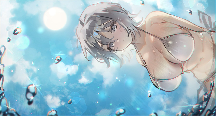 1girl bikini breasts day faust_(project_moon) feruca glint large_breasts limbus_company looking_at_viewer outdoors project_moon short_hair solo sun swimsuit water wet wet_hair white_bikini white_eyes white_hair