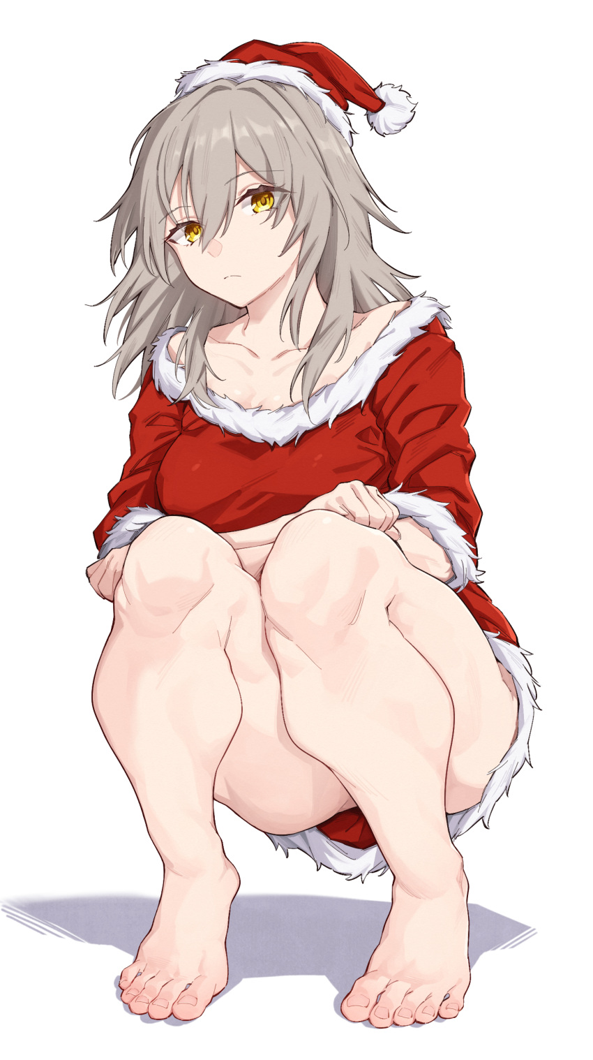 1girl absurdres bare_arms barefoot batatata77 christmas clenched_hands collarbone feet greek_toe grey_hair hat highres honkai:_star_rail honkai_(series) kneeling looking_at_viewer santa_costume santa_hat shadow solo stelle_(honkai:_star_rail) tiptoes toenails toes trailblazer_(honkai:_star_rail) white_background yellow_eyes