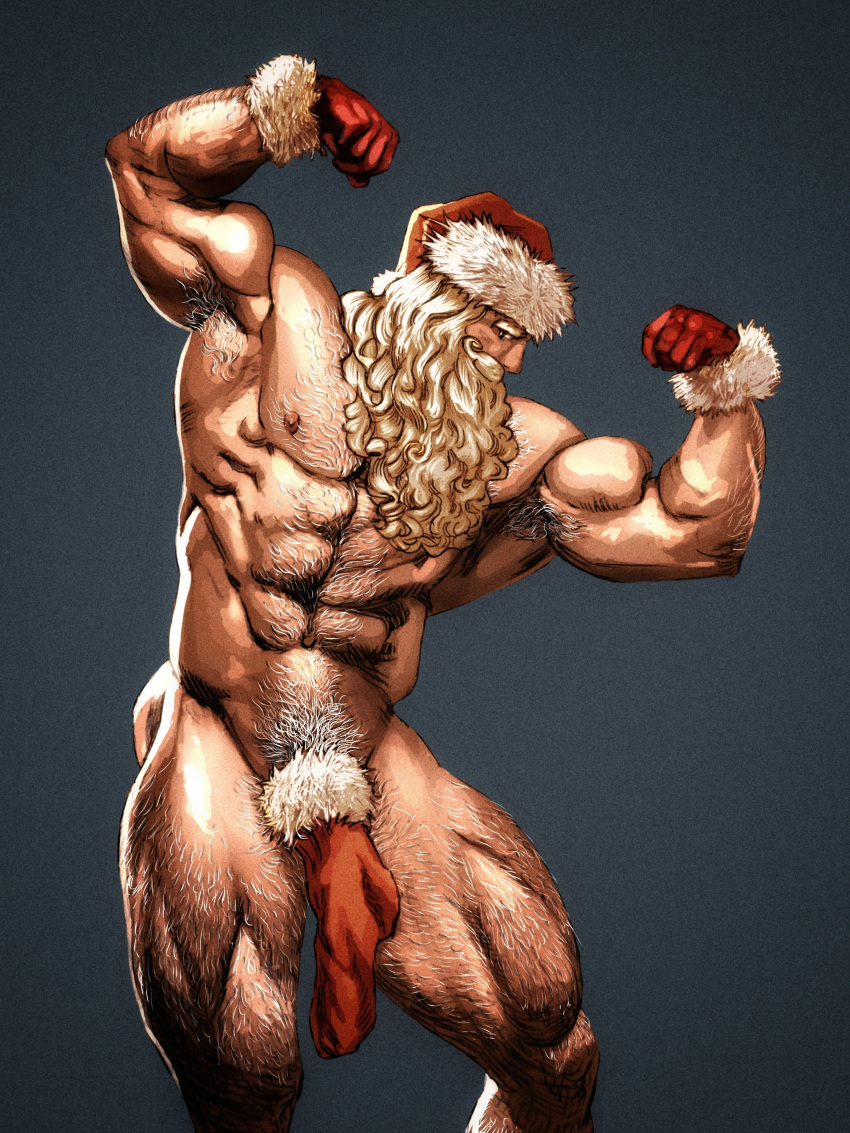 1boy abs absurdres arm_hair armpit_hair armpits bara beard bodybuilder bota86mochi chest_hair christmas double_biceps_pose excessive_pubic_hair facial_hair feet_out_of_frame flexing hairy hat highres large_pectorals leg_hair long_beard looking_at_viewer male_focus mature_male muscular muscular_male navel navel_hair nipple_hair nipples original pectorals pubic_hair red_headwear santa_costume santa_hat short_hair shredded_muscles sock_on_penis socks solo standing stomach thick_eyebrows thick_mustache thick_thighs thighs very_long_beard