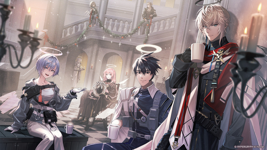 2boys 2girls 8ya_nagi arknights black_eyes black_gloves black_hair blue_eyes blue_hair christmas closed_mouth collarbone commentary_request crossed_bangs cup executor_(arknights) executor_the_ex_foedere_(arknights) gloves grey_hair hair_between_eyes halo highres holding holding_cup insider_(arknights) lemuen_(arknights) long_hair looking_at_viewer multiple_boys multiple_girls official_art open_mouth pink_hair purple_eyes red_eyes second-party_source short_hair sitting spuria_(arknights) standing teeth upper_teeth_only wheelchair white_gloves yellow_halo