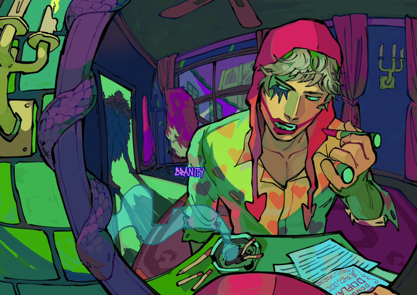 2boys applying_makeup blonde_hair brothers chandelier cigarette coat cosmetics cranity curtains donquixote_doflamingo donquixote_rocinante door english_commentary fisheye heart heart_print highres holding holding_lipstick_tube indoors lipstick lipstick_tube looking_to_the_side makeup male_focus mirror multiple_boys note one_piece open_mouth pink_coat red_hood short_hair siblings smoke snake sunglasses teeth window