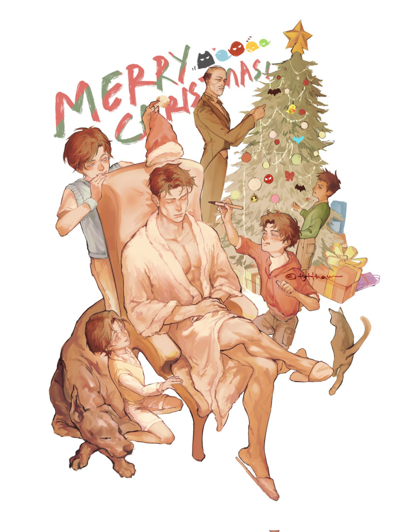 6+boys alfred_pennyworth batcat_(dc) batdog_(dc) batman batman_(series) bruce_wayne christmas_present christmas_tree damian_wayne dc_comics dick_grayson father_and_son gift grandfather_and_grandson highres jason_todd male_focus merry_christmas multiple_boys muscular muscular_male on_chair robin_(dc) siblings slippers superhero tim_drake tyt_tham