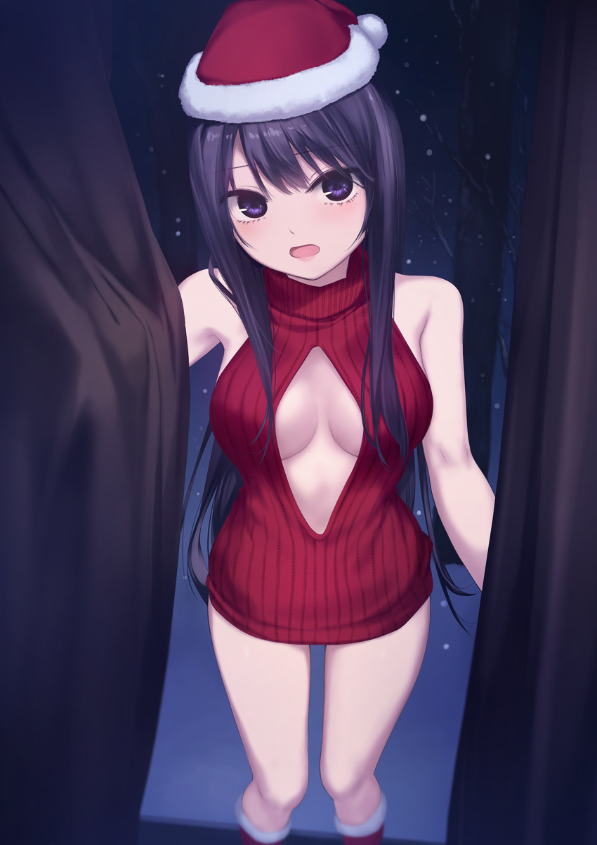 1girl black_eyes black_hair breasts cleavage_cutout clothing_cutout coffee-kizoku commentary_request curtains dress feet_out_of_frame fur-trimmed_headwear fur_trim hat highres long_hair looking_at_viewer medium_breasts night night_sky original red_dress red_headwear red_sweater ribbed_sweater santa_hat shiramine_rika sky solo sweater sweater_dress turtleneck turtleneck_sweater