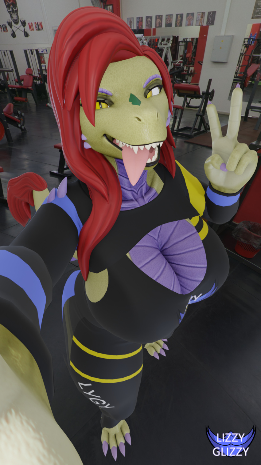 2023 3d_(artwork) 9:16 armwear black_clothing black_lips blue_clothing bottomwear breasts claws clothed clothing digital_media_(artwork) fangs female_(lore) gesture green_body green_scales green_tail gym hair hi_res juna_june_(lizzyglizzy) komodo_dragon lips lizard lizzyglizzy looking_at_viewer markings monitor_lizard multicolored_body multicolored_scales non-mammal_breasts pants paws photo_background photography_(artwork) purple_body purple_claws purple_scales red_hair red_tail reptile scale_markings scales scalie tail teeth tongue tongue_out topwear two_tone_body two_tone_scales v_sign watermark yellow_clothing yellow_eyes