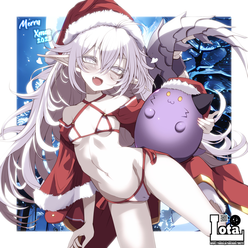 1girl 1other 2023 absurdres artist_name bikini blush breasts cameltoe christmas detached_sleeves fang groin hat highres leg_up long_hair looking_at_viewer merry_christmas navel night open_mouth original outdoors pointy_ears red_headwear red_sleeves rota-san santa_hat side-tie_bikini_bottom small_breasts smile standing standing_on_one_leg swimsuit tail thighs watermark white_bikini white_eyes white_hair