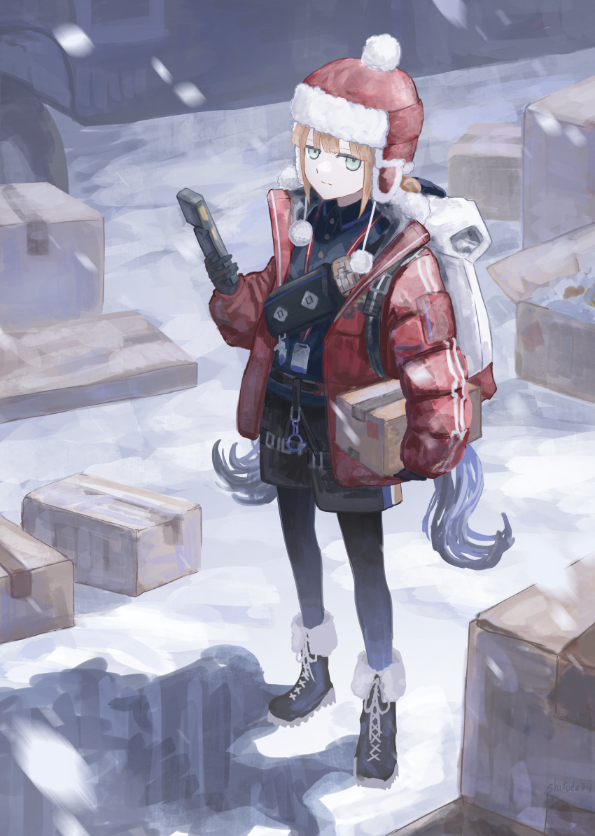 1boy absurdres backpack bag black_footwear black_gloves black_pantyhose black_shorts blonde_hair blue_hair blunt_bangs boots box captain_nemo_(fate) cardboard_box carrying carrying_under_arm closed_mouth collared_shirt commentary_request day down_jacket expressionless fanny_pack fate/grand_order fate_(series) full_body fur-trimmed_headwear fur-trimmed_jacket fur_hat fur_trim gloves green_eyes harness hat highres holding holding_box jacket jitome long_hair looking_at_viewer low_twintails motor_vehicle nemo_(fate) nemo_(santa)_(fate) open_clothes open_jacket outdoors pantyhose pantyhose_under_shorts polo_shirt pom_pom_(clothes) red_headwear red_jacket shadow shirt shitodo_mi shorts sidelocks snow snowing solo standing truck twintails ushanka