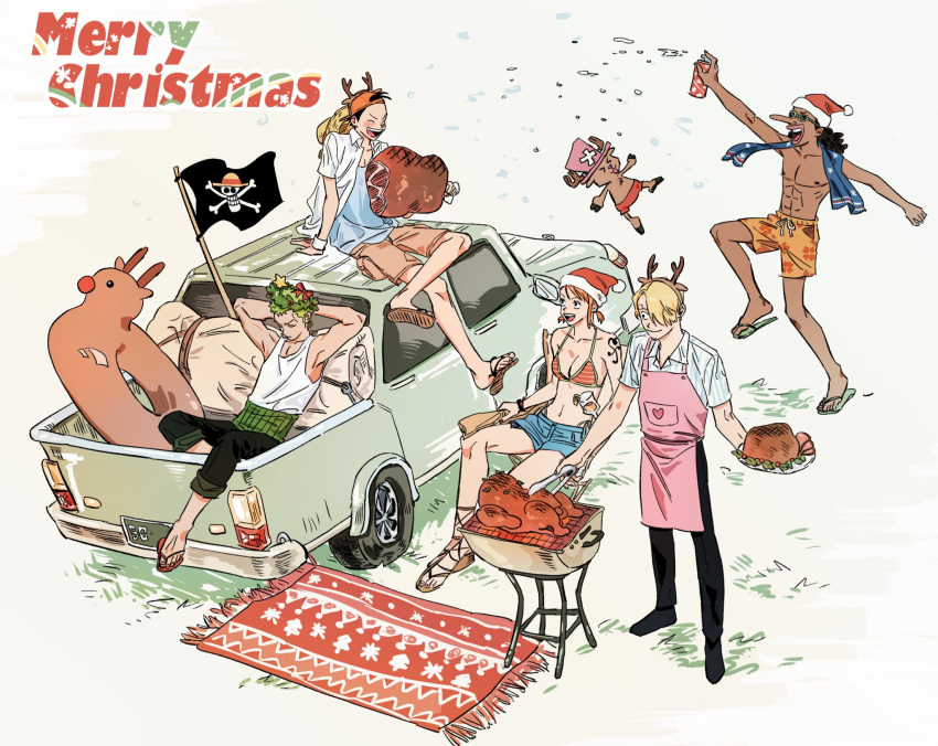 1girl 5boys :d antlers apron arms_behind_head backwards_hat beach bikini bikini_top_only black_hair blonde_hair boned_meat bottle breasts carpet christmas christmas_wreath cleavage closed_eyes cooking curly_hair dark-skinned_male dark_skin day eating english_text facial_hair food full_body goatee goggles green_hair grilling hair_over_one_eye haramaki hat hat_on_back head_wreath highres inflatable_toy ji_jang jolly_roger laughing long_hair long_nose looking_at_another meat merry_christmas monkey_d._luffy multiple_boys nami_(one_piece) on_vehicle one_piece orange_hair outdoors pink_apron pink_headwear red_headwear reindeer_antlers roronoa_zoro sandals sanji_(one_piece) santa_hat short_hair short_shorts shorts shoulder_tattoo sitting sleeping smile spray_bottle straw_hat swimsuit tattoo tony_tony_chopper top_hat topless_male towel towel_around_neck usopp wreath