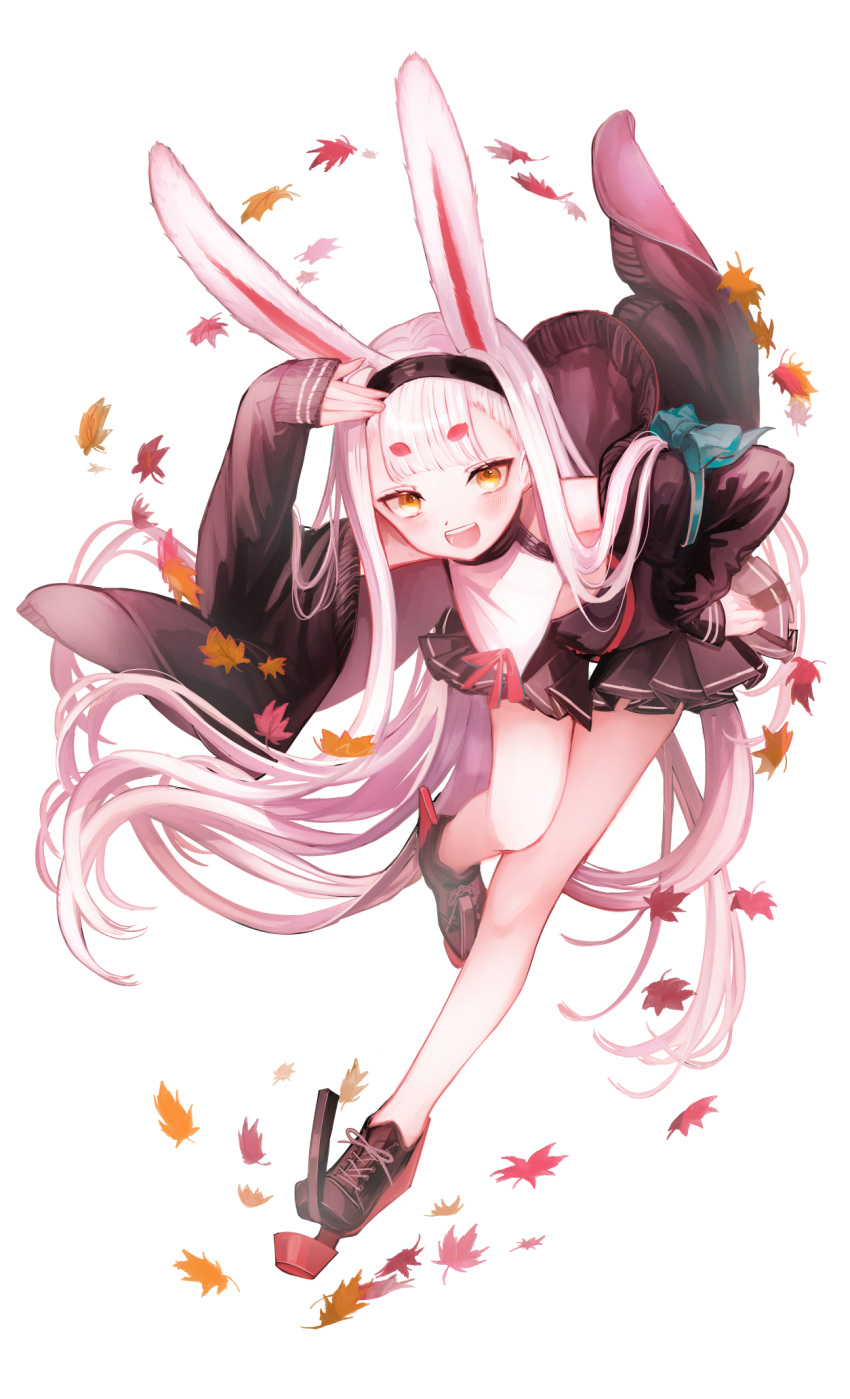 1girl :d animal_ears autumn_leaves azur_lane bent_over black_hairband hairband hand_on_own_head hand_on_own_hip hemorina highres jacket leaf maple_leaf rabbit_ears shimakaze_(azur_lane) smile solo standing standing_on_one_leg white_background white_hair yellow_eyes