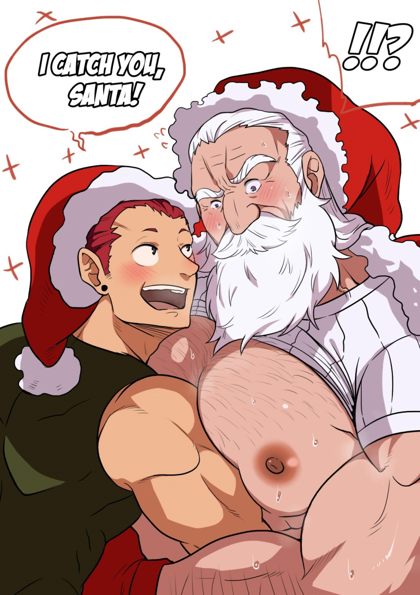 !? 2boys age_difference arm_hair bara bare_pectorals beard blush chest_hair christmas clothes_lift ducka98 english_text facial_hair from_side hat head_tilt highres large_pectorals long_beard male_focus mature_male multiple_boys muscular muscular_male old old_man original pectoral_lift pectorals red_hair red_headwear sanpaku santa_costume santa_hat shirt_lift short_hair sparse_chest_hair starry_background surprise_hug surprised sweat thick_eyebrows thick_mustache upper_body white_hair wrinkled_skin yaoi