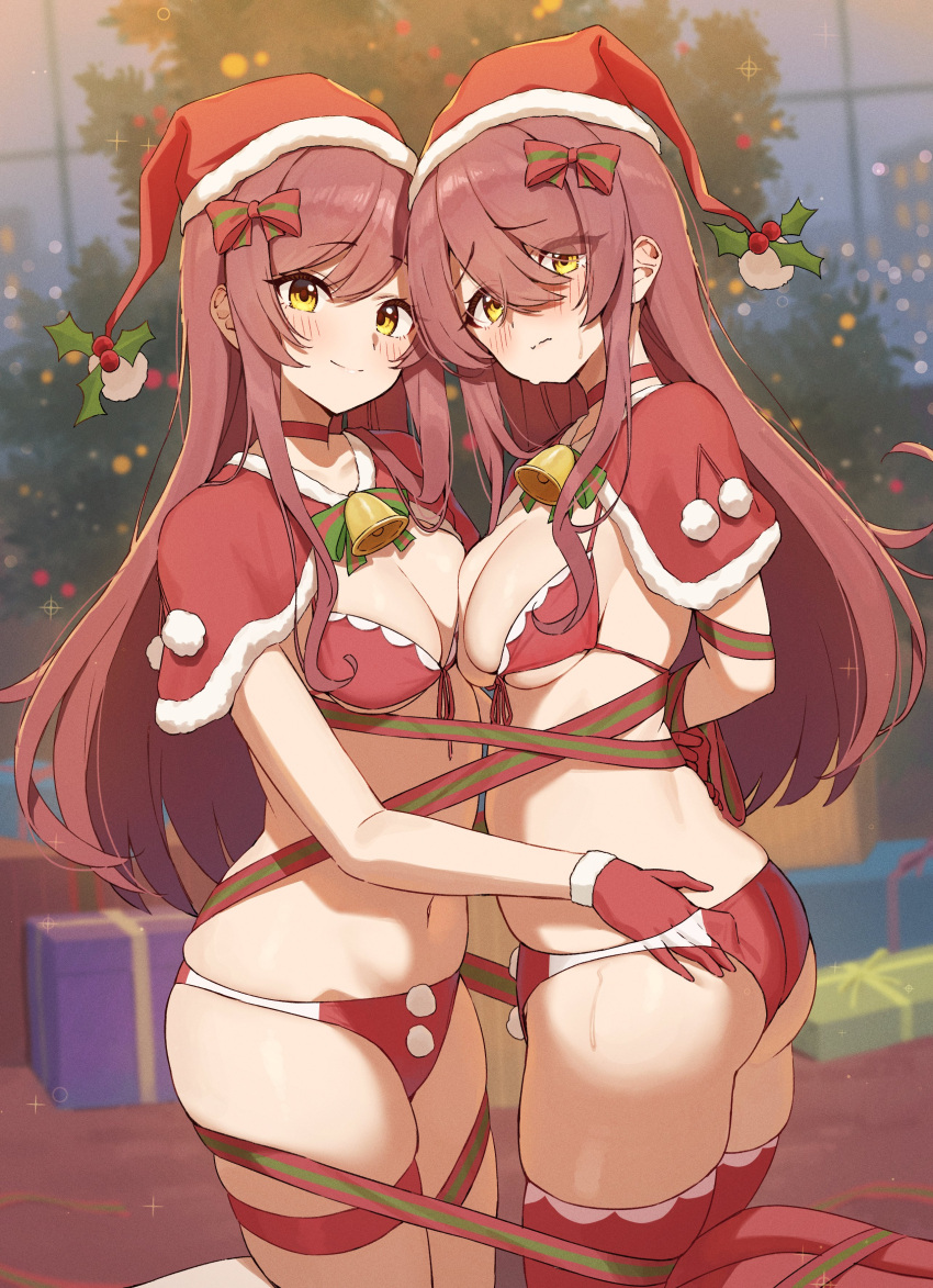 2girls absurdres ass ass_grab bell bikini blush bound bound_arms bound_together bound_wrists box breasts brown_hair capelet choker christmas_tree cleavage embarrassed front-tie_bikini_top front-tie_top fur-trimmed_capelet fur_trim gift gift_box gloves groin hair_between_eyes hat highres idolmaster idolmaster_shiny_colors long_hair looking_at_viewer medium_breasts multiple_girls navel osaki_amana osaki_tenka red_bikini red_capelet red_choker red_gloves red_thighhighs santa_bikini santa_costume santa_hat siblings sisters smile swept_bangs swimsuit thighhighs thighs twins wanimaru yellow_eyes