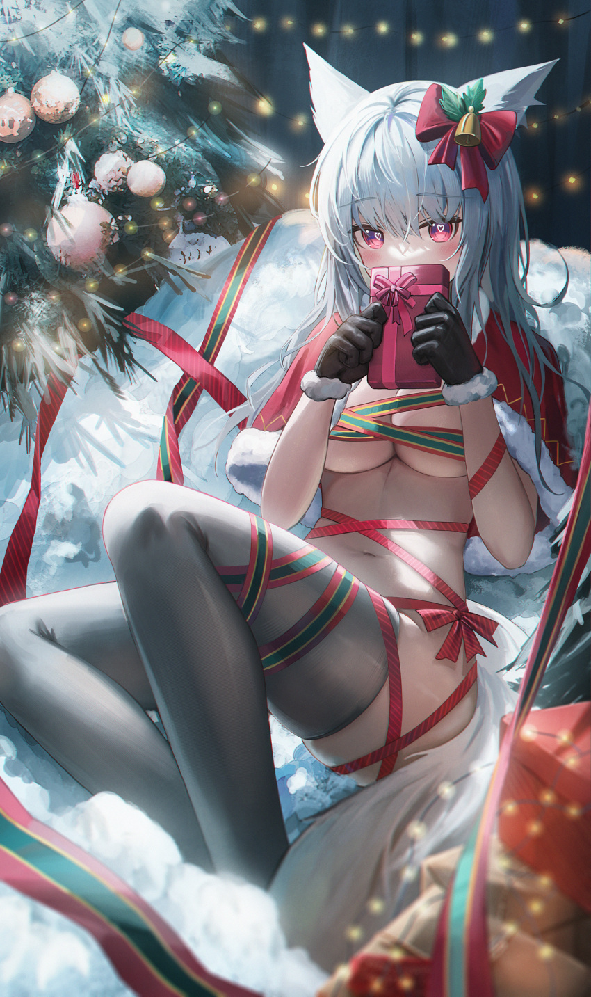 1girl absurdres animal_ears arknights bell black_gloves black_thighhighs blush bow box breasts capelet christmas_ornaments christmas_tree covering_mouth flippy_(cripine111) fox_ears fox_girl fox_tail frostleaf_(arknights) fur-trimmed_capelet fur-trimmed_gloves fur_trim gift gift_box gloves grey_hair hair_between_eyes hair_bow heart heart-shaped_pupils highres holding holding_gift long_hair looking_at_viewer medium_breasts naked_ribbon navel red_capelet red_eyes ribbon solo string_lights symbol-shaped_pupils tail thighhighs thighs underboob