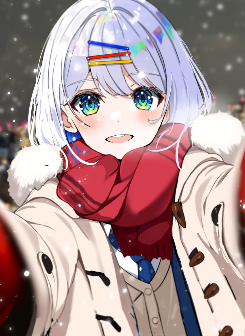 1girl aqua_eyes blue_hair blue_necktie coat colored_inner_hair fur-trimmed_coat fur-trimmed_hood fur_trim gloves grey_hair hair_ornament hairclip highres hood looking_at_viewer medium_hair meme mittens multicolored_hair necktie open_clothes open_coat open_mouth original pov pov_cheek_warming_(meme) reaching reaching_towards_viewer red_gloves red_mittens red_scarf scarf upper_body white_coat winter_clothes winter_coat winter_gloves yuruligon