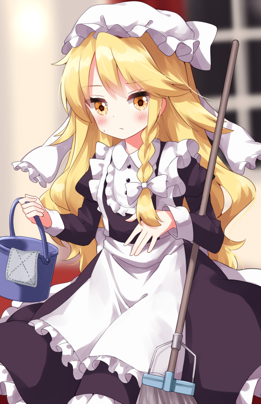 1girl alternate_costume apron black_dress blonde_hair blush bucket commentary_request dress enmaided hat highres holding holding_mop indoors juliet_sleeves kirisame_marisa long_hair long_sleeves maid mob_cap mop open_mouth puffy_sleeves ruu_(tksymkw) solo touhou very_long_hair waist_apron white_apron white_headwear yellow_eyes