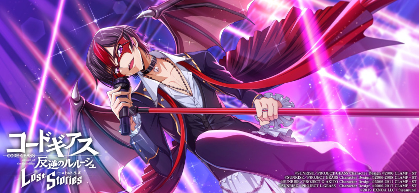 1boy :d black_collar black_hair black_jacket code_geass code_geass:_lost_stories collar collarbone collared_shirt copyright_name dress_shirt from_below highres holding holding_microphone idol jacket jewelry lelouch_vi_britannia looking_at_viewer male_focus mask microphone microphone_stand multicolored_hair official_art pants partially_unbuttoned purple_eyes purple_pants red_hair ring shirt short_hair smile solo spotlight streaked_hair white_shirt wing_collar