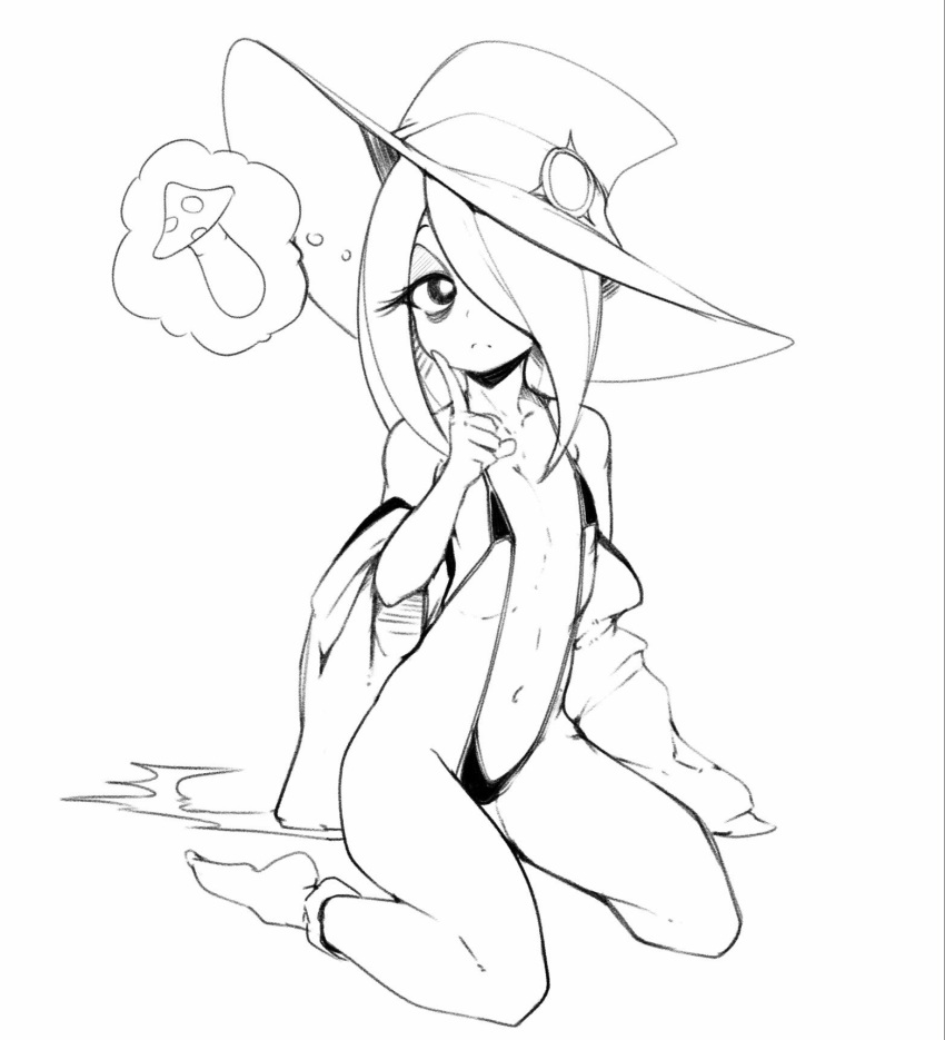 1girl bad_id bad_twitter_id bags_under_eyes closed_mouth finger_to_cheek flat_chest hair_over_one_eye hat highres index_finger_raised inktober little_witch_academia long_hair looking_at_viewer mushroom navel off_shoulder one_eye_covered scan sitting slingshot_swimsuit slugbox socks solo spoken_object sucy_manbavaran swimsuit thinking thought_bubble traditional_media witch_hat