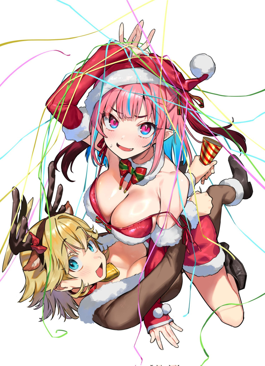 2girls animal_ears antlers bare_shoulders bell bikini blonde_hair blue_eyes blue_hair blush breasts cleavage commentary_request deer_antlers detached_sleeves fake_animal_ears fake_antlers fang fur-trimmed_bikini fur-trimmed_headwear fur-trimmed_sleeves fur_trim girl_on_top hat highres holding holding_party_popper jeanne_(kanan-sama) kanan-sama_wa_akumade_choroi kanan_(kanan-sama) large_breasts looking_at_viewer multicolored_hair multiple_girls neck_bell nonco open_mouth party_popper pink_eyes pink_hair pointy_ears red_headwear red_skirt santa_bikini santa_hat short_hair simple_background skirt smile strap_slip streaked_hair swimsuit v-shaped_eyebrows white_background