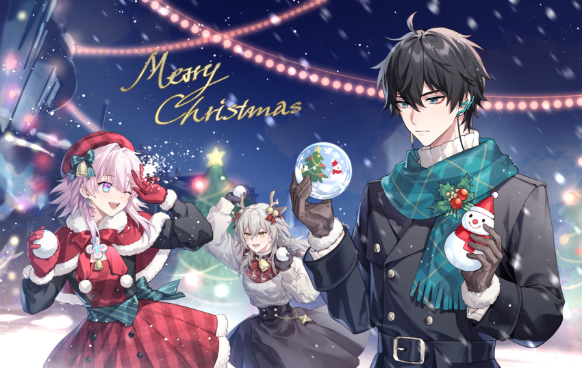 1boy 2girls alternate_costume aqua_eyes aqua_scarf bell belt beret black_hair black_jacket black_skirt brown_gloves capelet christmas christmas_tree closed_mouth dan_heng_(honkai:_star_rail) dress earrings gloves grey_hair hair_between_eyes hat holding_snowman honkai:_star_rail honkai_(series) horns jacket jewelry kangetsu_(fhalei) long_hair long_sleeves march_7th_(honkai:_star_rail) merry_christmas multicolored_eyes multiple_girls one_eye_closed open_mouth pink_eyes pink_hair red_capelet red_dress red_headwear scarf shirt skirt snowball snowball_fight snowman star_(symbol) stelle_(honkai:_star_rail) sweater trailblazer_(honkai:_star_rail) white_sweater yellow_eyes