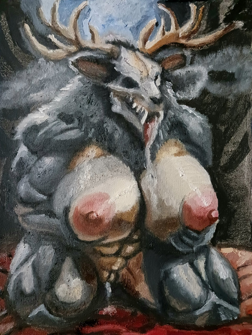 3:4 ambiguous_fluids american_mythology anthro black_body black_fur bodily_fluids breasts deer_horn dixxbedru drooling female fog fur hi_res horn indigenous_north_american_mythology muscular muscular_anthro muscular_female mythology north_american_mythology oil_painting_(artwork) painting_(artwork) saliva solo traditional_media_(artwork) wendigo