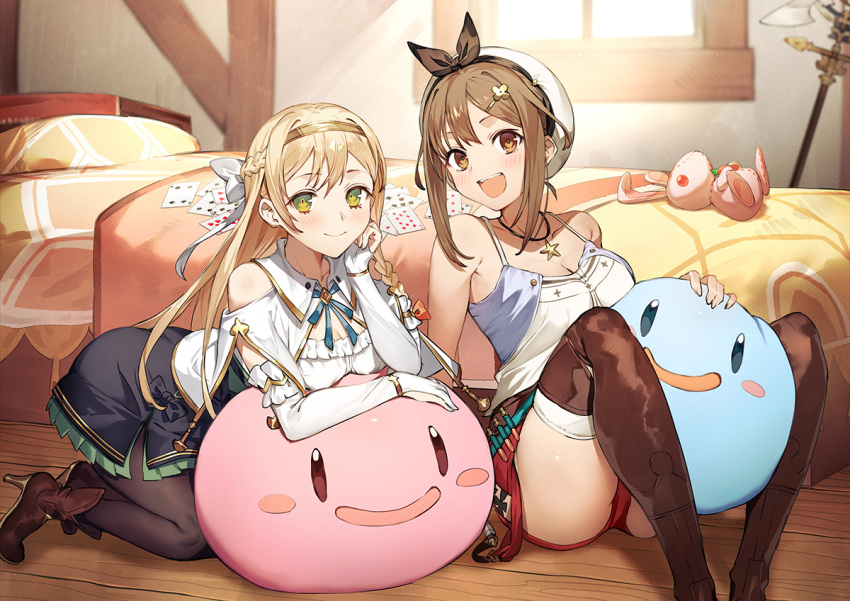 2girls all_fours ankle_boots atelier_(series) atelier_ryza atelier_ryza_1 bed beret between_legs black_pantyhose black_skirt blonde_hair boots bow braid breasts brown_footwear brown_hair card cleavage comiket_103 commentary_request elbow_gloves elbow_rest fingerless_gloves french_braid gloves green_eyes hair_ornament hairclip hat hat_bow head_rest high-waist_skirt high_heel_boots high_heels indoors jewelry klaudia_valentz knees_up leaning_on_object long_hair looking_at_viewer multiple_girls neck_ribbon necklace official_art on_floor pantyhose playing_card puni_(atelier) red_shorts reisalin_stout ribbon shirt short_hair short_shorts shorts side_braid sidelocks sitting skirt smile star_(symbol) star_necklace stuffed_animal stuffed_rabbit stuffed_toy thigh_boots thighhighs thighhighs_under_boots thighs toridamono white_headwear white_shirt white_thighhighs