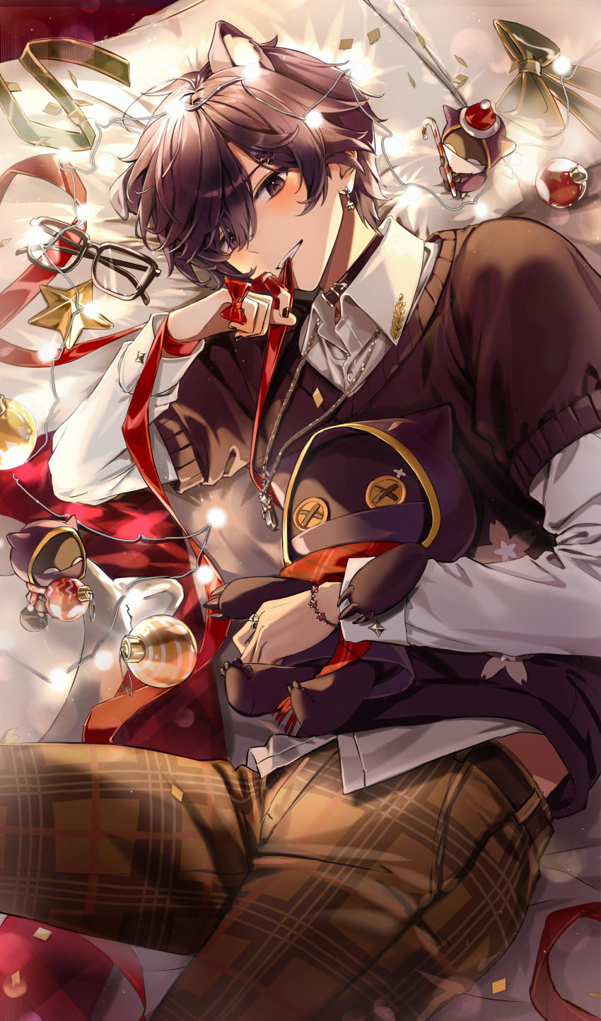 absurdres animal_ears biting black_hair black_nails black_sweater blush chain_necklace checkered_clothes christmas christmas_lights christmas_ornaments dog_boy dog_ears earrings eumi_114 hat highres indie_virtual_youtuber jewelry light_smile long_sleeves male_focus necklace purple_eyes red_ribbon ribbon santa_hat shirt shoto_(vtuber) stuffed_animal stuffed_toy sweater virtual_youtuber white_shirt