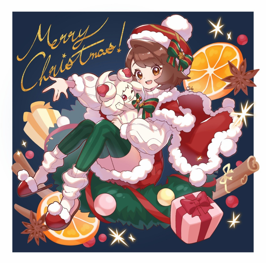 1girl :d alcremie blush border box brown_eyes brown_hair christmas commentary_request eyelashes food fruit gift gift_box gloria_(pokemon) green_thighhighs hanamori_mito happy hat highres loose_socks merry_christmas open_mouth orange_(fruit) orange_slice pokemon pokemon_(creature) pokemon_swsh red_footwear red_headwear short_hair slippers smile socks sweater thighhighs thighs white_border