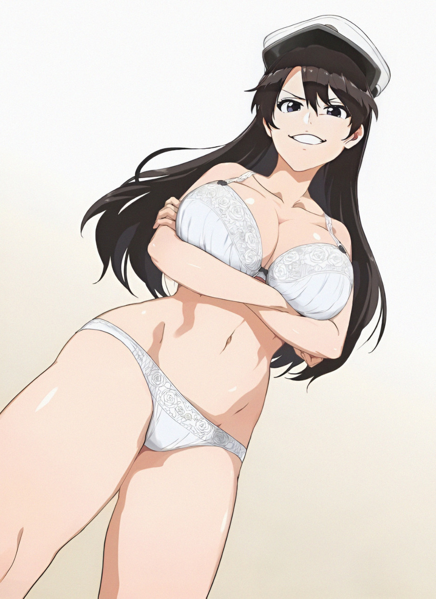 1girl artist_request bambietta_basterbine black_hair bleach bleach:_sennen_kessen-hen bra breasts crossed_arms hat highres large_breasts long_hair military_hat navel peaked_cap quincy_(bleach) smile solo underwear