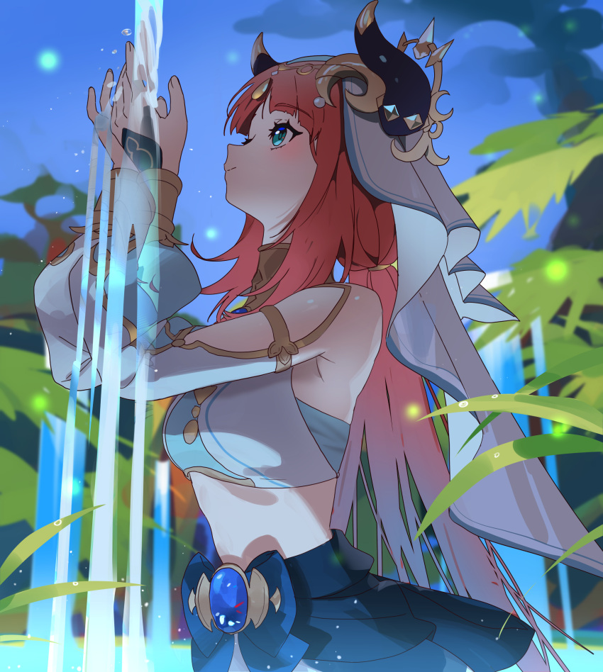 1girl bare_shoulders blue_eyes blue_skirt blush commentary_request crop_top detached_sleeves fake_horns genshin_impact highres horns jewelry long_hair long_sleeves midriff neck_ring night night_sky nilou_(genshin_impact) outdoors red_hair shedar skirt sky smile solo stomach upper_body veil very_long_hair water