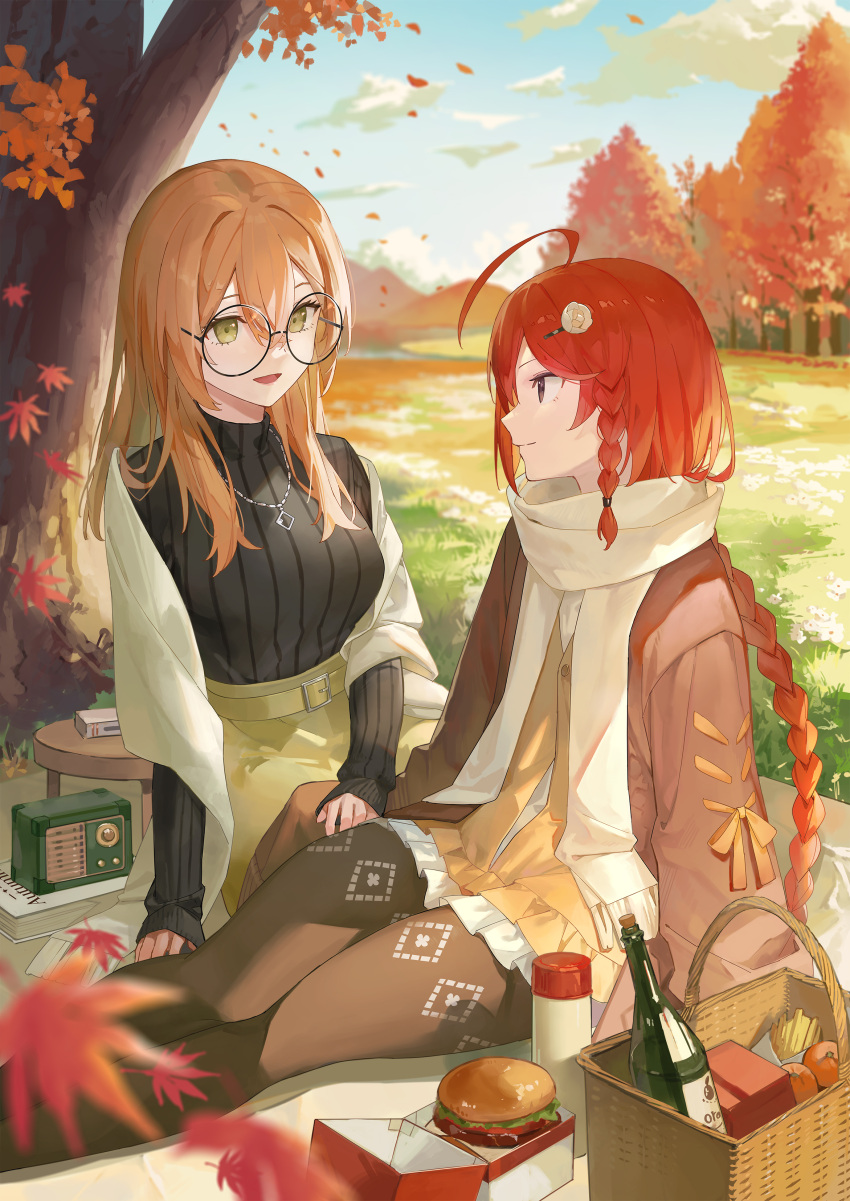 2girls absurdres ahoge autumn_leaves black_pantyhose bottle braid braided_ponytail brown_eyes brown_hair burger day flower food glasses green_eyes hair_flower hair_ornament highres jacket jewelry kobuta long_hair looking_at_another multiple_girls necklace open_clothes open_jacket original outdoors pantyhose pleated_skirt red_hair ribbed_sweater round_eyewear scarf sitting skirt sweater tree