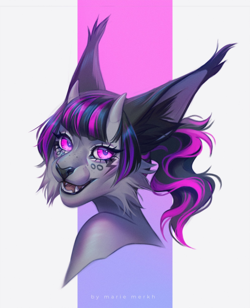 anthro black_hair black_inner_ear_fluff cheek_tuft ear_tuft eyelashes facial_tuft fangs felid female fur glistening glistening_eyes grey_body grey_fur grey_horn hair hi_res horn inner_ear_fluff looking_at_viewer mammal marie_merkh open_mouth open_smile pink_tongue purple_eyes purple_hair simple_background smile solo teeth tongue tuft