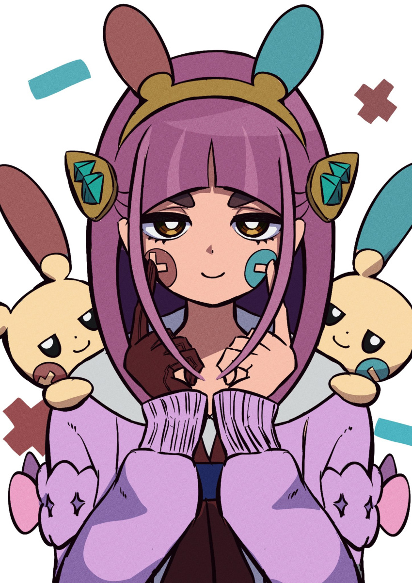 1girl arched_bangs brown_footwear dot_nose eyelashes gloves hairband highres ida_(idalol490) lacey_(pokemon) looking_at_viewer medium_hair minun plusle pokemon pokemon_(creature) pokemon_sv purple_hair red_gloves smile smug upper_body white_background yellow_hairband