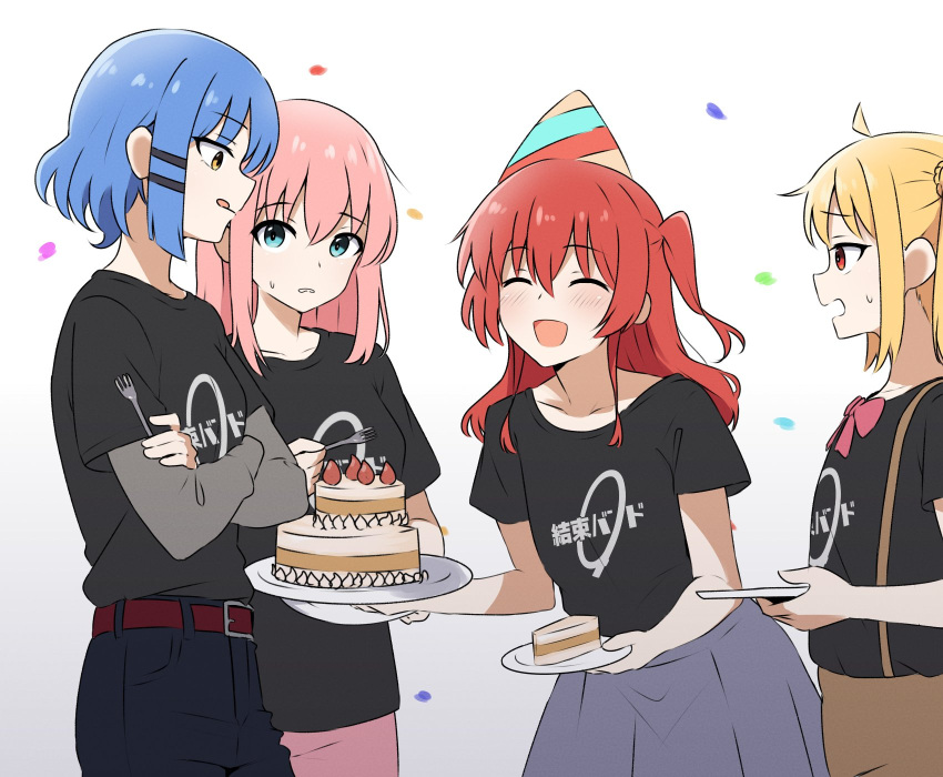 4girls ahoge amogan belt black_pants blonde_hair blue_eyes blue_hair bocchi_the_rock! bow bowtie breasts brown_eyes cake cake_slice commentary_request food fork gotoh_hitori grey_skirt hair_ornament hairclip hat highres holding holding_fork holding_plate ijichi_nijika kita_ikuyo medium_breasts multiple_girls one_side_up open_mouth pants party_hat pink_bow pink_bowtie pink_hair pink_pants plate pleated_skirt red_belt red_eyes red_hair shirt side_ponytail sidelocks skirt small_breasts smile suspenders t-shirt tongue tongue_out yamada_ryo