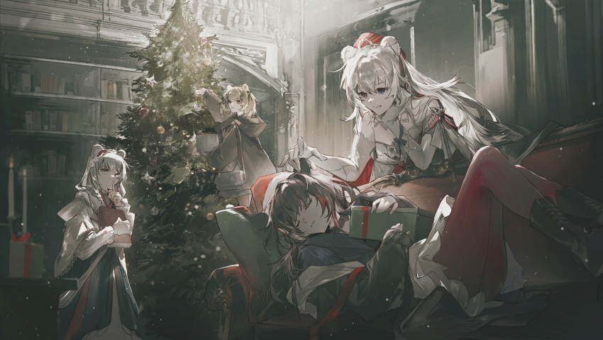 4girls animal_ears arknights bag bear_ears blonde_hair blue_eyes blue_ribbon book bookshelf boots braid brown_footwear brown_hair candle cheonyeon-hi choker christmas_ornaments christmas_tree couch dress finger_to_mouth gift gloves gummy_(arknights) hair_ornament hairclip hand_on_another's_ear hat headband heterochromia highres holding holding_book holding_gift hood hoodie istina_(arknights) istina_(bibliosmia)_(arknights) jacket long_hair looking_ahead looking_at_another looking_back monocle multicolored_hair multiple_girls on_couch red_eyes red_thighhighs ribbon rosa_(arknights) rosa_(masterpiece)_(arknights) santa_hat short_twintails shoulder_bag shushing sleeping strapless strapless_dress streaked_hair tassel thighhighs twintails white_gloves white_hair zima_(arknights) zima_(ready_to_go)_(arknights)