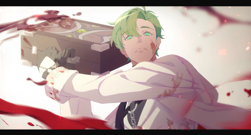 1boy black_gloves blood blood_on_clothes blood_on_face blood_splatter formal gloves green_eyes green_hair highres holding holding_suitcase jacket lamoon0703 long_sleeves looking_at_viewer male_focus nu_carnival olivine_(nu_carnival) short_hair suit suitcase upper_body white_jacket white_suit