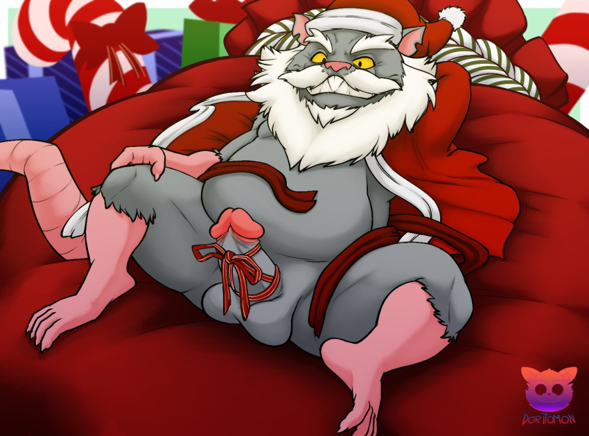 2023 anthro balls beard belly christmas christmas_clothing christmas_headwear clothing costume detailed_background doritomon erection facial_hair fur genitals grey_body grey_fur hat headgear headwear holidays male mammal master_splinter murid murine mustache overweight overweight_male penis pink_nose rat rodent santa_costume santa_hat solo teenage_mutant_ninja_turtles