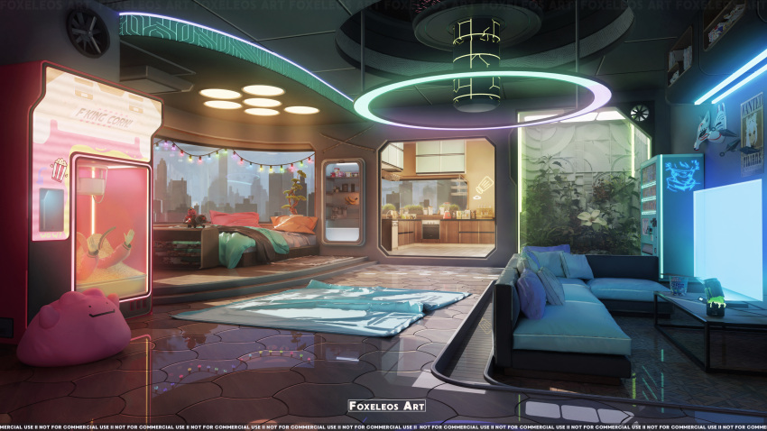 3d absurdres air_conditioner artist_name banana bed bedroom blanket blender_(medium) bonsai book book_stack bookshelf building can ceiling ceiling_light cityscape coffee_table commentary couch cup_ramen day ditto energy_drink english_commentary filian_(vtuber) flat_screen_tv floor flower food fox_mask foxeleos fruit glowing highres indie_virtual_youtuber indoors kitchen kunai living_room mask monster_energy neon_lights no_humans original oven photoshop_(medium) pillow plant pokemon reflective_floor rug scenery shelf steam string_of_light_bulbs stuffed_toy table television tile_ceiling tile_floor tiles vending_machine virtual_youtuber wanted watermark weapon white_flower