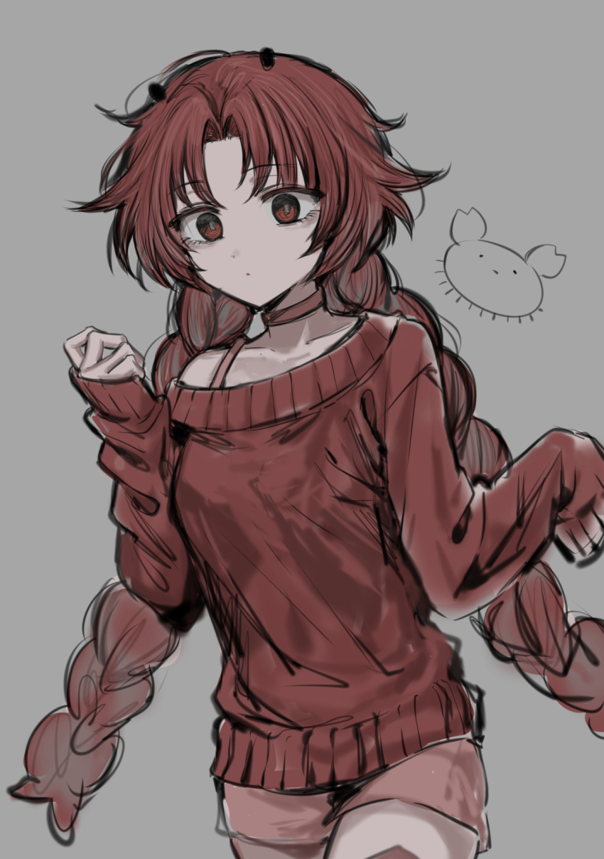 1girl braid brown_background choker closed_mouth expressionless facing_viewer genderswap genderswap_(mtf) highres long_hair looking_down maeno_aki off-shoulder_sweater off_shoulder pink_choker pink_shorts red_eyes red_hair red_sweater red_thighhighs shorts simple_background sketch solo sweater thighhighs twin_braids very_long_hair yanmi_zn zeno_(game)