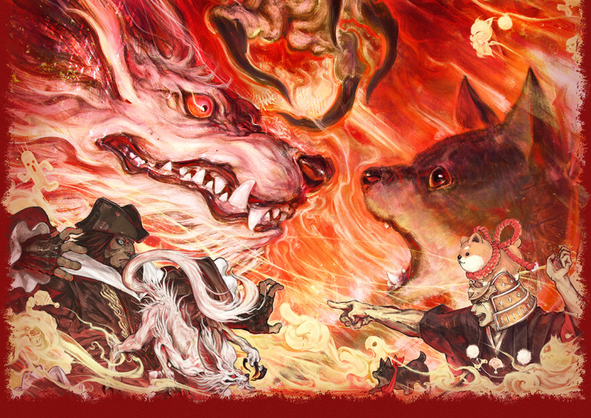 2boys dog fiery_background final_fantasy final_fantasy_xiv fire hand_up hat inu_bugyo monster moogle multiple_boys official_art open_mouth pointing shiba_inu wide-eyed