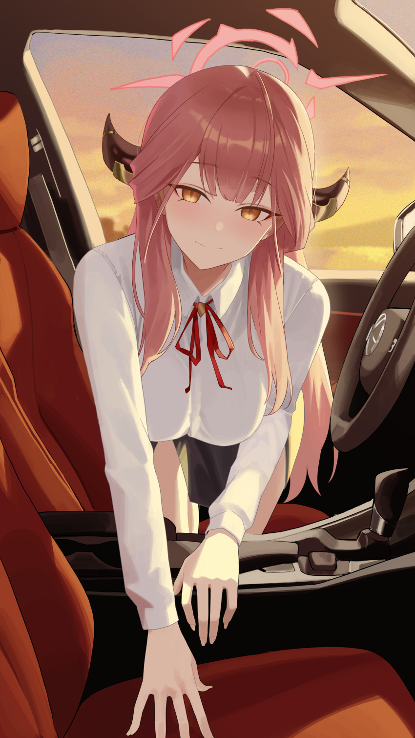 1girl absurdres aru_(blue_archive) black_skirt blue_archive blush brown_horns car_interior car_seat closed_mouth collared_shirt demon_horns halo highres horns leavv long_hair long_sleeves looking_at_viewer neck_ribbon pink_hair pink_halo red_ribbon ribbon shirt skirt smile solo white_shirt yellow_eyes