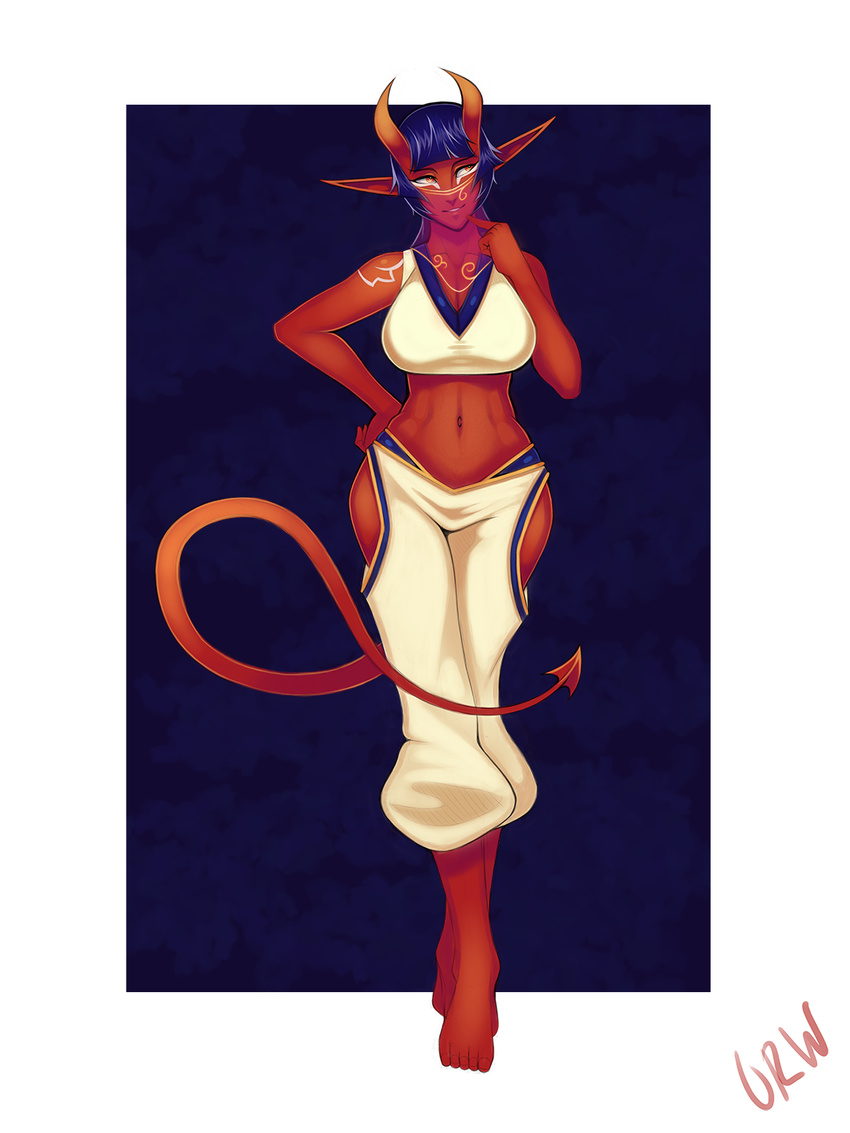 abstract_background barefoot big_breasts blue_hair breasts cleavage clothed clothing demon female front_view full-length_portrait hair hand_on_hip helga_(urw) horn humanoid long_ears midriff not_furry pants pointy_ears portrait red_skin shirt short_hair smile solo spade_tail tank_top urw veil wide_hips yellow_eyes