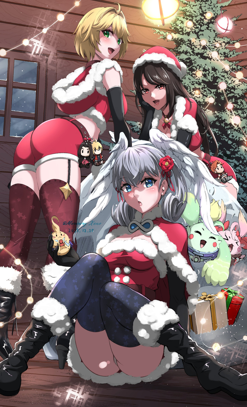 3girls absurdres ass blush braid christmas crown_braid curly_hair dress dunban_(xenoblade) fur_trim grey_hair hat head_wings highres juliet_sleeves long_sleeves melia_antiqua mercury_xeno multiple_girls nopon puffy_sleeves riki_(xenoblade) santa_dress santa_hat sharla_(xenoblade) short_dress shulk_(xenoblade) smile tree underwear wings xenoblade_chronicles:_future_connected xenoblade_chronicles_(series) xenoblade_chronicles_1